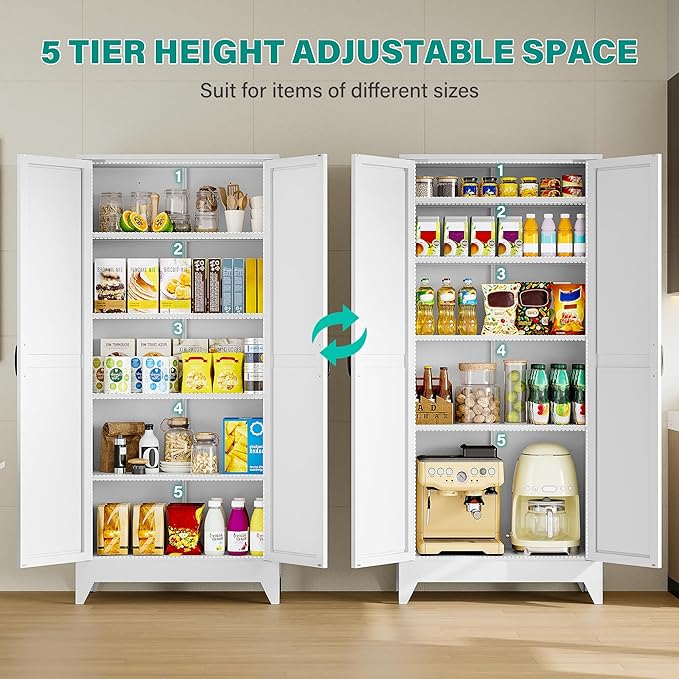 SISESOL 75" Tall Pantry Cabinet,Farmhouse Kitchen Pantry Storage Cabinets with 2 Doors and 5 Shelves,White Metal Storage Cabinet,Large Cupboard for Home,Kitchen,Dining/Living Room