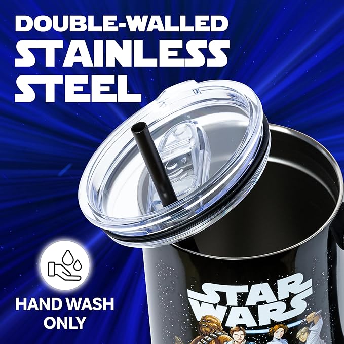 Silver Buffalo Star Wars Featuring Chewbacca, Yoda, R2-D2, C-3PO, Princess Leia, Han Solo, and Luke Skywalker Stainless Steel Tumbler with Handle and Straw, Fits in Standard Cup Holder, 40 Ounces