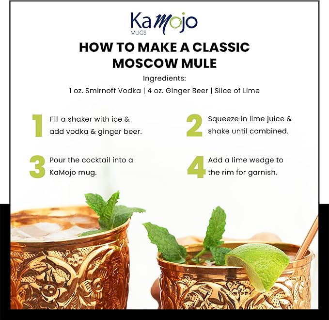 Copper Cups Set of 2 with Unique Handcrafted Embossed Design with Anti-Tarnish Food-Grade Coating - Moscow Mule Copper Mugs Gift Set with 2 Straws & Recipe E-Book, 16 oz