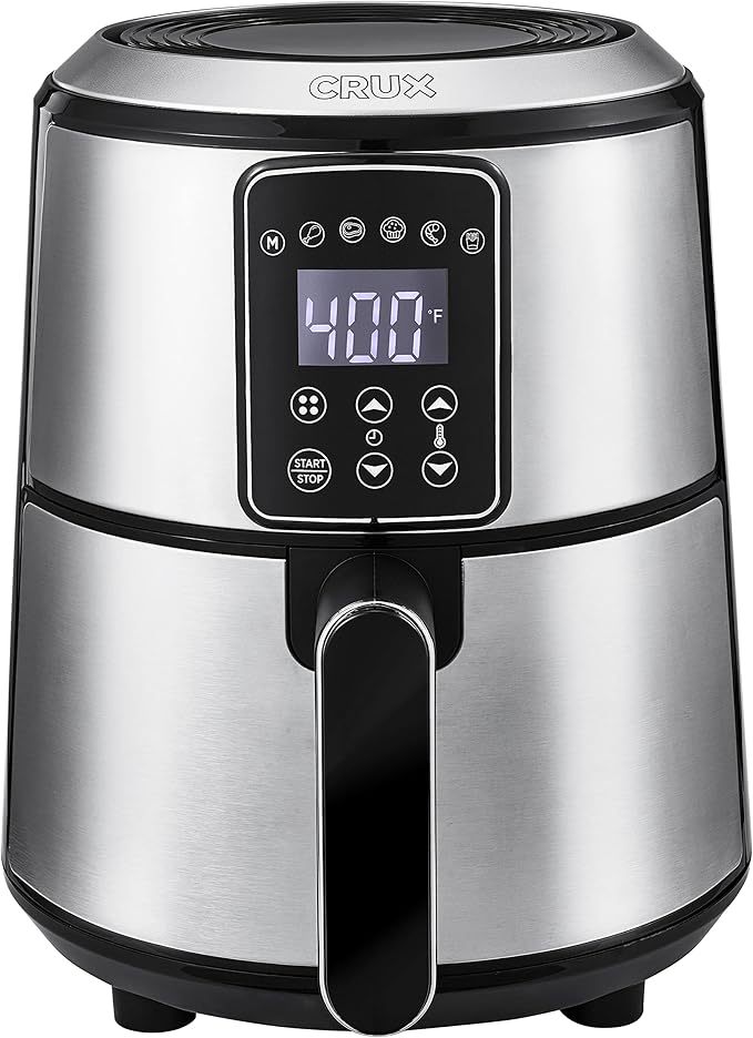 Crux 3QT Digital Air Fryer, Faster Pre-Heat, No-Oil Frying, Fast Healthy Evenly Cooked Meal Every Time, Dishwasher Safe Non Stick Pan and Crisping Tray for Easy Clean Up, Stainless Steel
