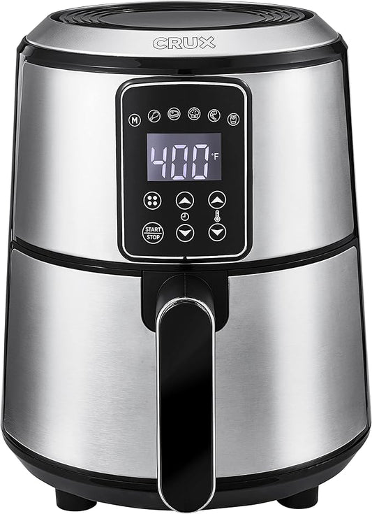 Crux 3QT Digital Air Fryer, Faster Pre-Heat, No-Oil Frying, Fast Healthy Evenly Cooked Meal Every Time, Dishwasher Safe Non Stick Pan and Crisping Tray for Easy Clean Up, Stainless Steel