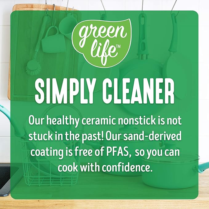 GreenLife Soft Grip Healthy Ceramic Nonstick 12 Piece Cookware Pots and Pans Set, PFAS-Free, Dishwasher Safe, Turquoise