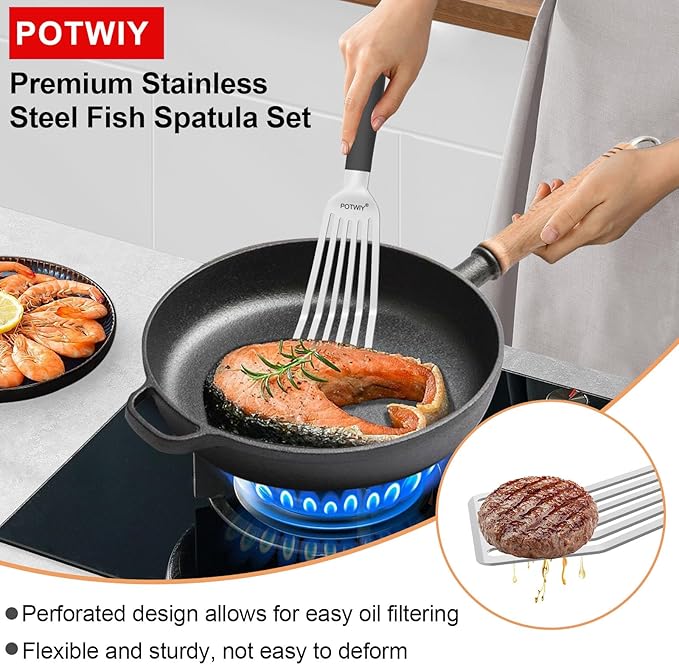 Fish Spatula Stainless Steel, 2 Pcs Metal Spatula Set for Kitchen and Grilling, Slotted Turner with Silicone Handle for Cast Iron Skillet, Cooking Utensils for Fish, Burger, Egg, 13.5" & 11.6"