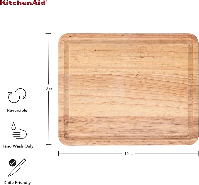 KitchenAid Classic Rubberwood Cutting Board with Perimeter Trench, Reversible Chopping Board, 8-inch x 10-Inch, Natural