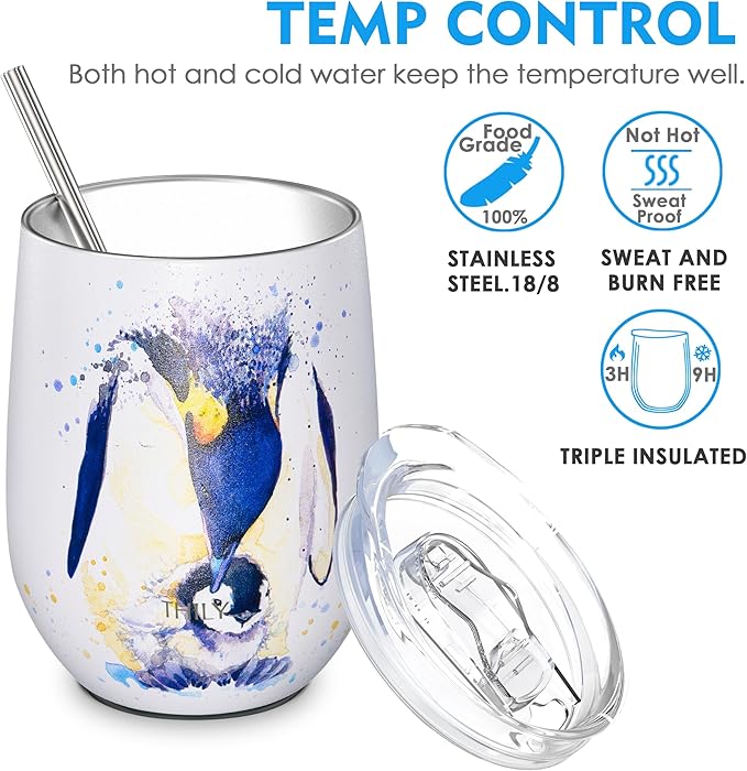 THILY Wine Tumbler Stainless Steel Insulated Stemless Wine Glass with Lid and Straw, Cute Cup Keep Cold for Coffee, Cocktails, Special Collection, Penguin