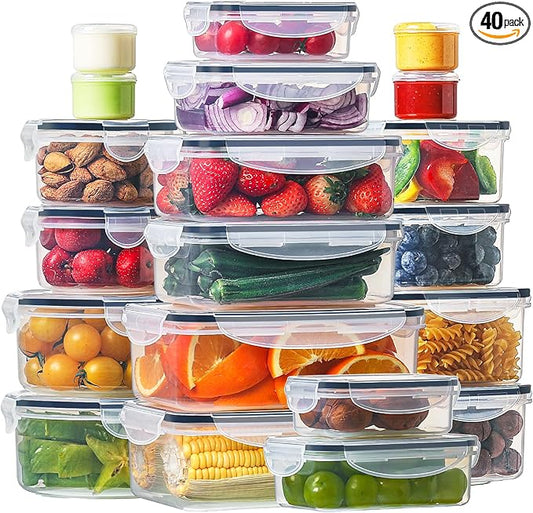 HOMBERKING 40 Pieces Food Storage Containers Set with Snap Lids (20 Lids + 20 Containers), Plastic Containers, BPA-Free Lunch Container Bento Box for Home, Black