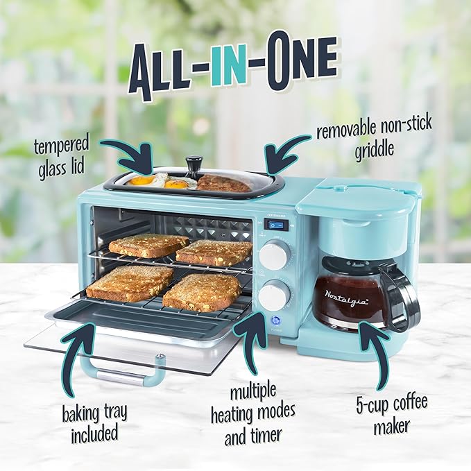 Nostalgia 3-in-1 Retro Breakfast Station - Includes 5 Cup Coffee Maker, Non-Stick Ceramic Griddle, and 4-Slice Toaster Oven - Built-In Timer, Reusable Coffee Filter, Space-Saving Design - Aqua