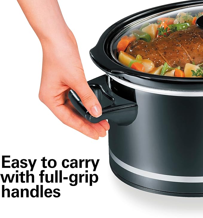 Hamilton Beach Slow Cooker with 3 Cooking Settings, Dishwasher-Safe Stoneware Crock & Glass, 8-Quart Built-In Lid Rest, Black