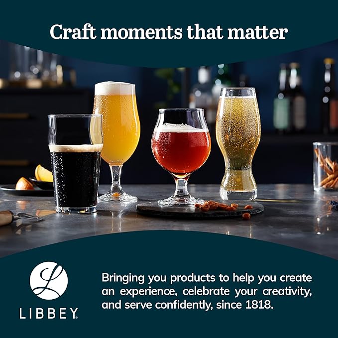 Libbey Craft Brews Nucleated Pint Beer Glasses, Dishwasher Safe Pint Glasses Set of 4 for Light Beers, Stouts, Laser Etching Nucleated Beer Glasses