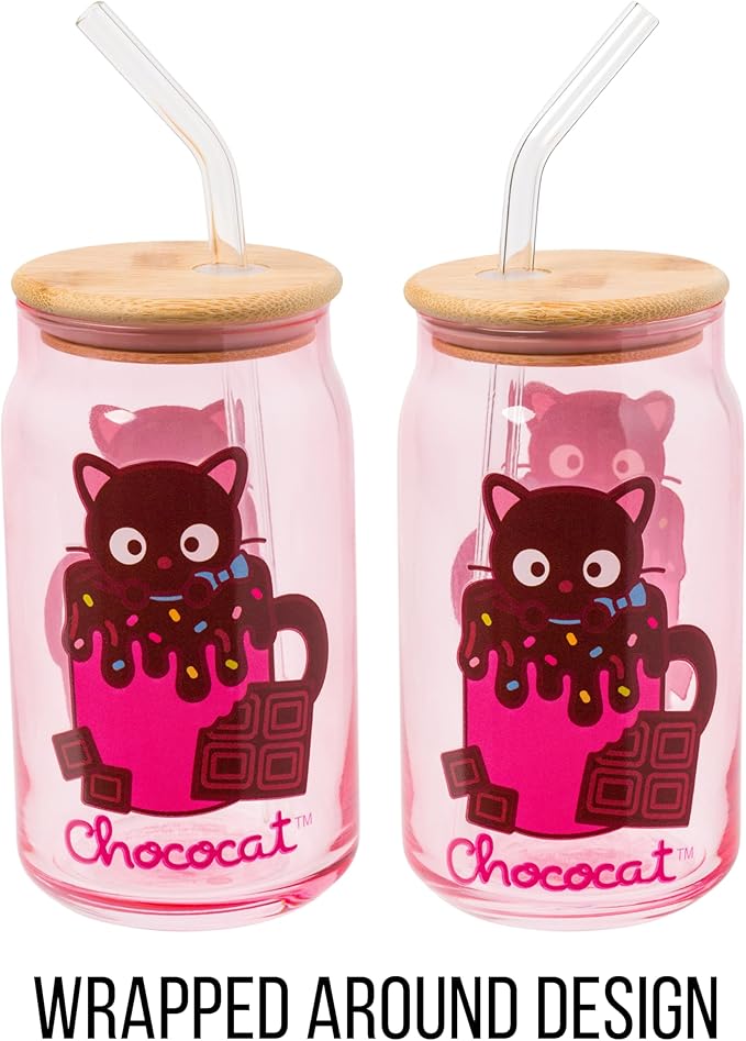 Silver Buffalo Sanrio Hello Kitty & Friends Chococat Chocolate Pink Glass Jar Tumbler with Bamboo Lid and Glass Straw, 16 Ounces (Pack of 12)