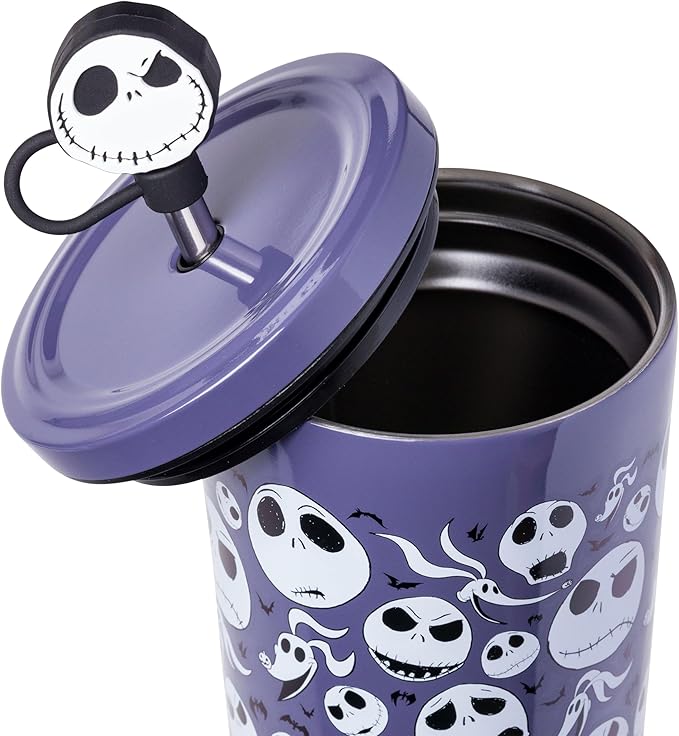 Silver Buffalo Disney Tim Burton's Nightmare Before Christmas Featuring Jack Skellington, Zero, and Bats Stainless Steel Tumbler with Straw and Cover Cap to Prevent From Spilling, 24 Ounces
