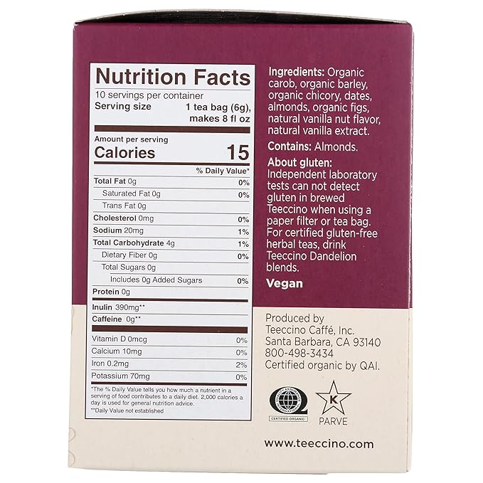 Teeccino Vanilla Nut Herbal Tea - Rich & Roasted Herbal Tea That’s Caffeine Free & Prebiotic for Natural Energy, 10 Tea Bags (Pack of 4)