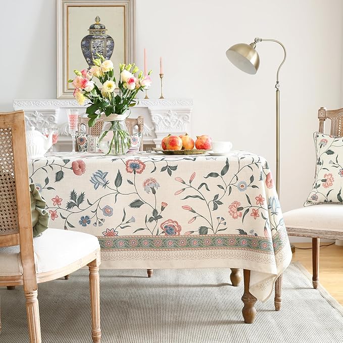 ISAENNE Designer Chinoiserie Linen Floral Square Tablecloth,White Wrinkle Resistant Table Cloth,Elegant Decor Tablecloths for Dining Thanksgiving Kitchen Party Christmas,67"*67"-Daffy