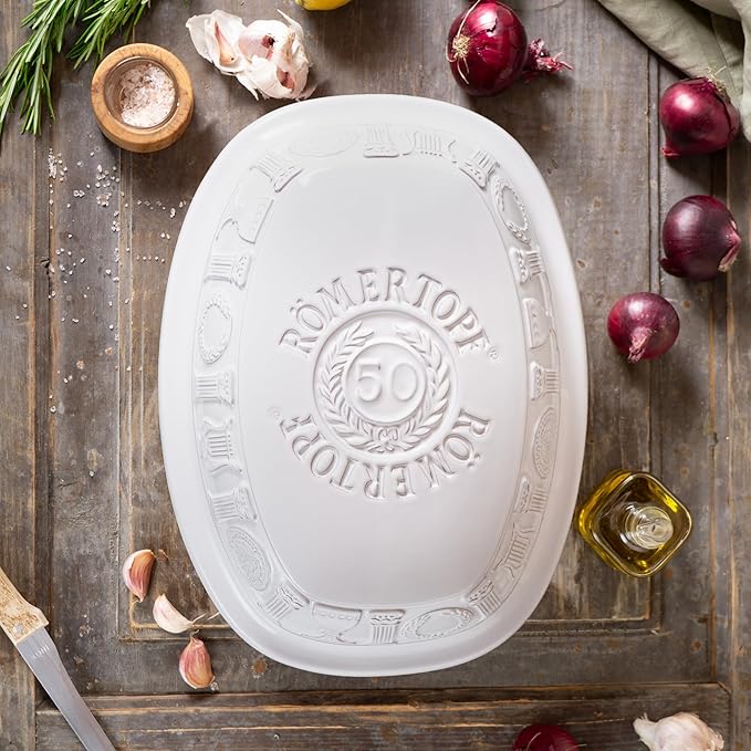 Romertopf Clay Roaster | 50 Years Anniversary Edition | Non-Stick Dutch Oven | Healthy Pot Cooking | Clay Baker | Versatile Cooking Vessel - 5.2 Quarts (5 Liters) for up to 8 people - White