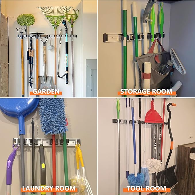 reliahom 2 Pack Broom Holder Wall Mount Mop and Broom Hanger Wall Mounted Garage Storage Rack Kitchen Garden Tool Organizer (5 Racks with 4 Hooks, Black)