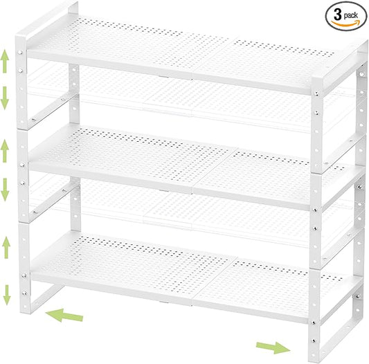 Expandable Stackable Aadjustable Shoe Rack Pantry Shelf for Kitchen Cabinets Counter Shelves Countertop Cupboard Storage Solution,Sturdy Heavy-Duty Metal Construction(3Packs/White/Medium)