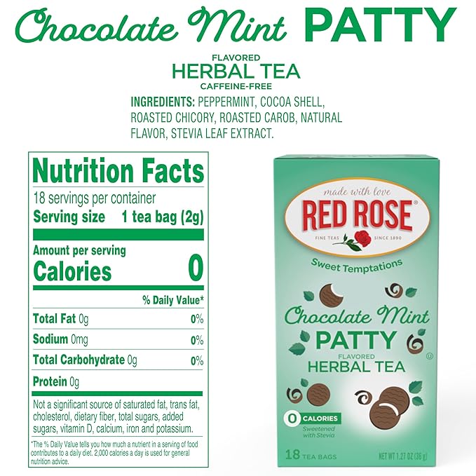 Red Rose Sweet Temptations Dessert Tea Chocolate Mint Patty, Zero Carbs, Zero Sugar Bursting with Flavor Delicious Beverage Herbal Tea, 18 Count Pack of 6 Fruit Naturally Flavored Herbal Tea