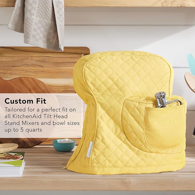 KITCHENAID Fitted Tilt-Head Stand Mixer Cover with Storage Pocket, Quilted 100% Cotton,14.4"x18"x10", Butter Yellow