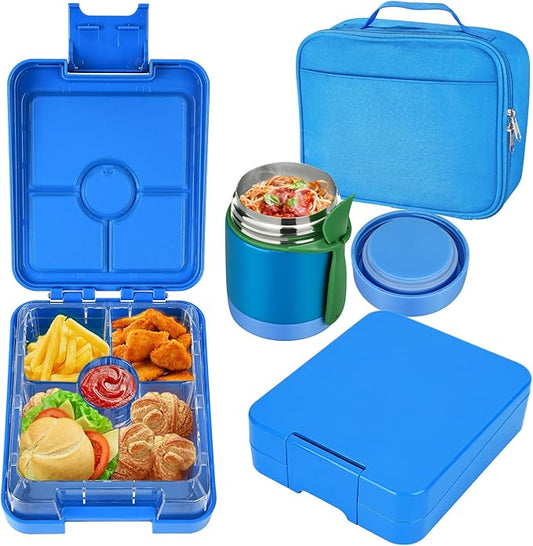 Bento Lunch Box Set for Kids with 10oz Soup Thermo, Leak-Proof Lunch Containers with 4 Compartment, Thermo Hot Food Jar and Insulated Lunch Bag for Kids to School,BPA-Free(Blue)