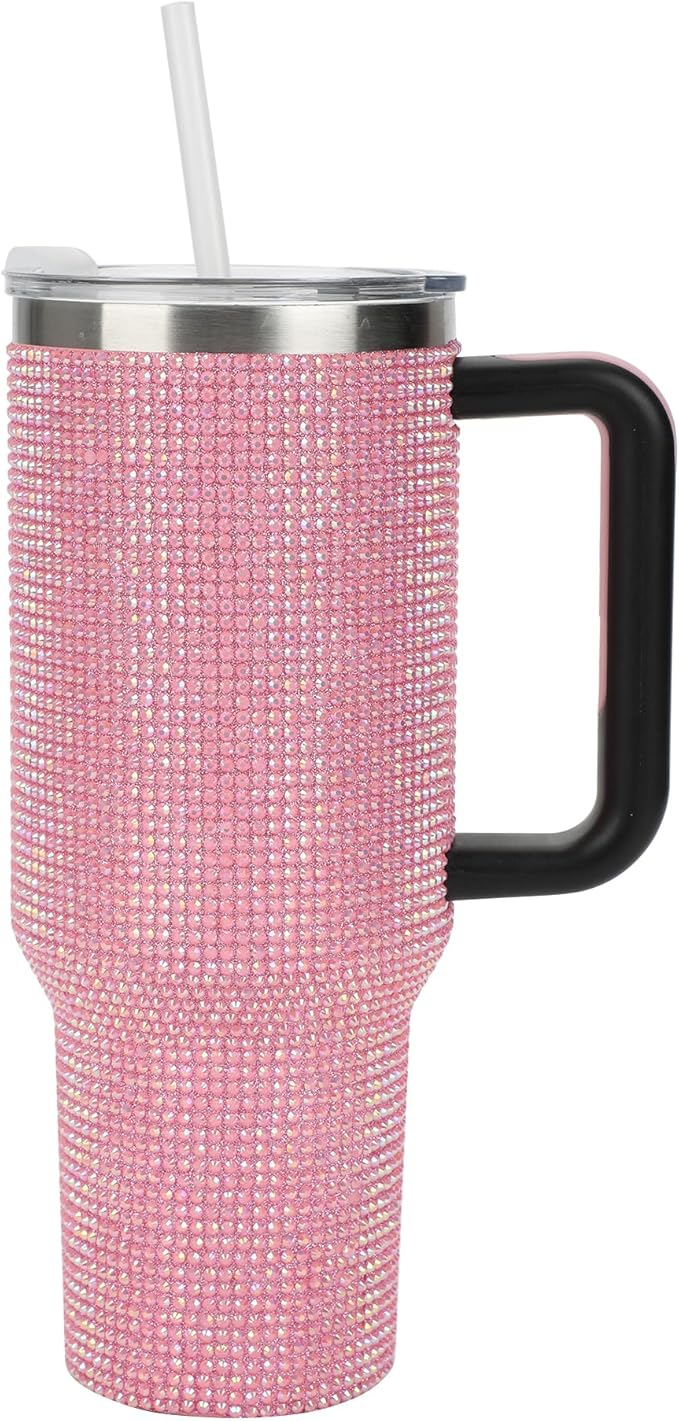 Bioworld Pink Rhinestone Vacuum Insulated 40 Oz. Stainless Steel Tumbler with Leak-Proof Lid & Easy Carry Handle for Travel or Home