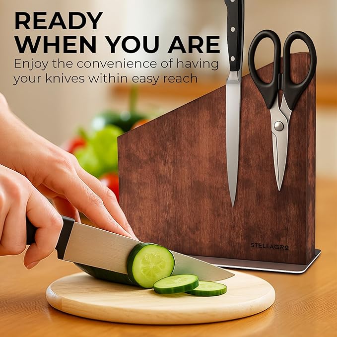 Magnetic Knife Block Without Knives, Double-Sided Wooden Knife Block Stand with Strong Magnets & Anti-Slip Base, Kitchen Knife Storage Rack, Brown