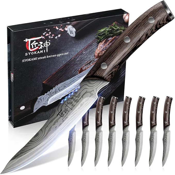 Steak Knives Set of 8, 4.8 Inch Carbon Steel Japanese Style Non Serrated Dinner knives with Wooden Handle, Damascus Pattern Full Tang Design, Housewarming Holiday Cooking Gifts
