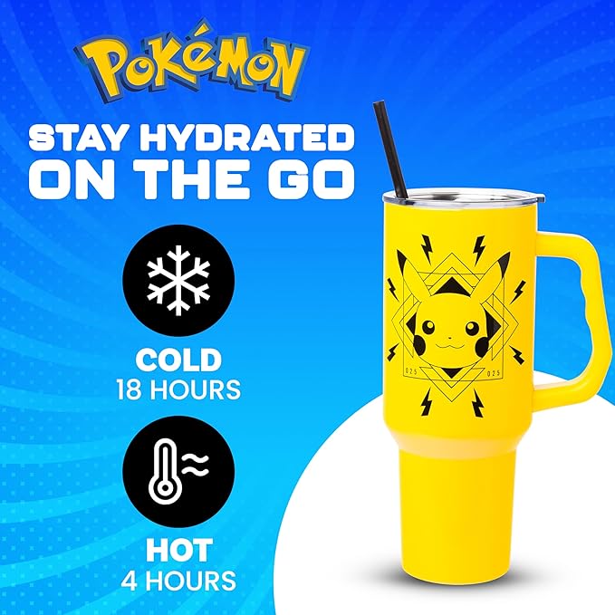 Silver Buffalo Pokémon Lightning Stainless Steel Tumbler with Handle Featuring Pikachu, Fits in Standard Cup Holder, 40 Ounces
