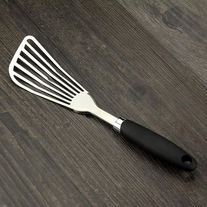 304 Stainless Steel Fish Spatula, Non-Slip Ergonomic Handle Slotted Spatula, Black