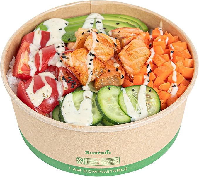 Restaurantware Compostable Paper Food Containers 50 Pack Of 37 oz BPI-Certified Round Kraft Salad Bowls Disposable Grease-Resistant Meal Prep Take Out Containers For Ice Creams, Soups, Snacks