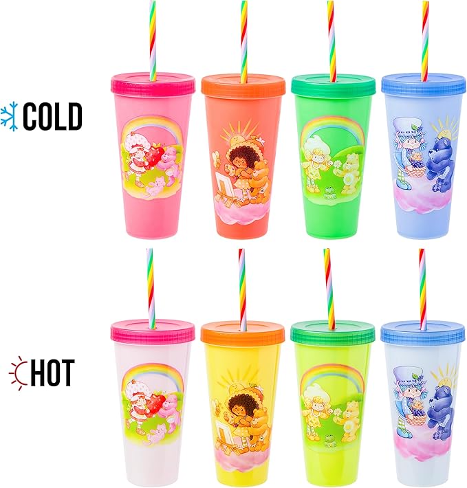 Silver Buffalo Care Bears Strawberry Shortcake Color Change Plastic Tumbler 4 Pack Featuring Orange Blossom Lemon Meringue Cheer Funshine Friend Blueberry Muffin Grumpy, 24 Ounces