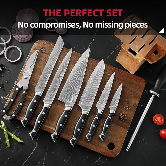 NANFANG BROTHERS Knife Sets, 9 Pieces Damascus Kitchen Knife Set with Block, ABS Ergonomic Handle for Chef Knife Set, Knife Sharpener and Kitchen Shears, Knife Block Set