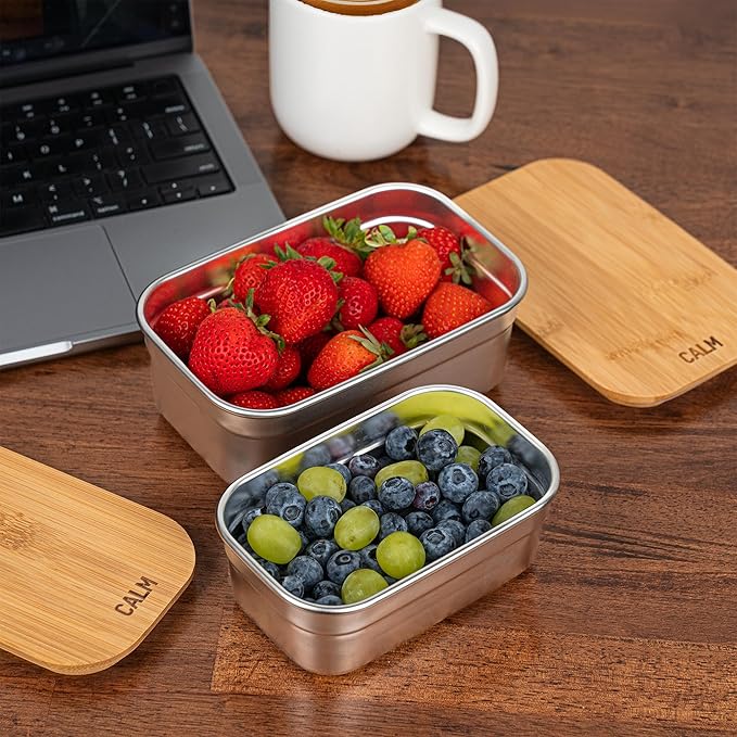 Stainless Steel Food Containers with Bamboo Cutting Board Lids | Set of 3 Reusable Meal Prep Boxes | Airtight Leak-Resistant | Dishwasher Safe | BPA-Free | 2, 4, 6 Cup Sizes