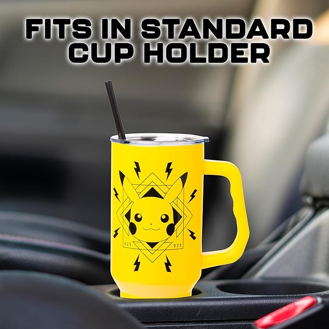 Silver Buffalo Pokémon Lightning Stainless Steel Tumbler with Handle Featuring Pikachu, Fits in Standard Cup Holder, 40 Ounces