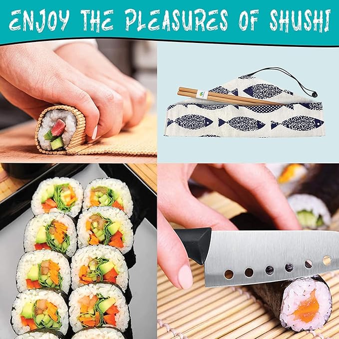 Sushi Making Kit, 22 in 1 Sushi Roller Sushi Maker Kit with Bamboo Sushi Rolling Mats, Bazooka, Chef's Knife, Chopsticks, Sauce Dishes, Rice Spreader, Avocado Slicer, Guide Book