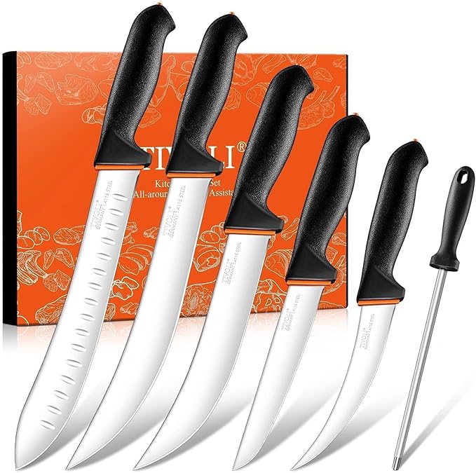TIVOLI 6 PCS Professional Butcher Knife Set, Game Processing Knife Set, Non-Slip Softgrip, German Stainless Steel, Skinning Boning Trimming Poultry Knife Set For Meat Cutting, Incl 7" Sharpener Rod