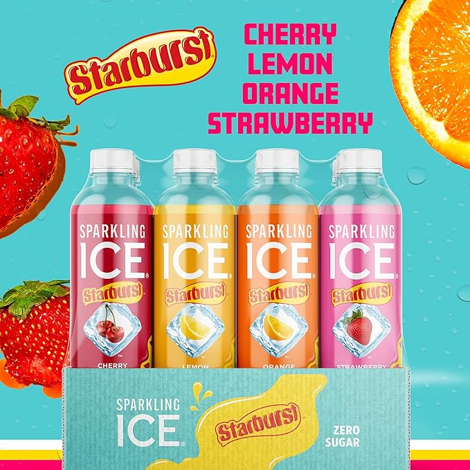 Sparkling Ice STARBURST Variety Pack, Zero Sugar Flavored Sparkling Water, with Vitamins and Antioxidants, Low Calorie Beverage, 17 fl oz, 12 count (Cherry, Strawberry, Lemon, Orange)