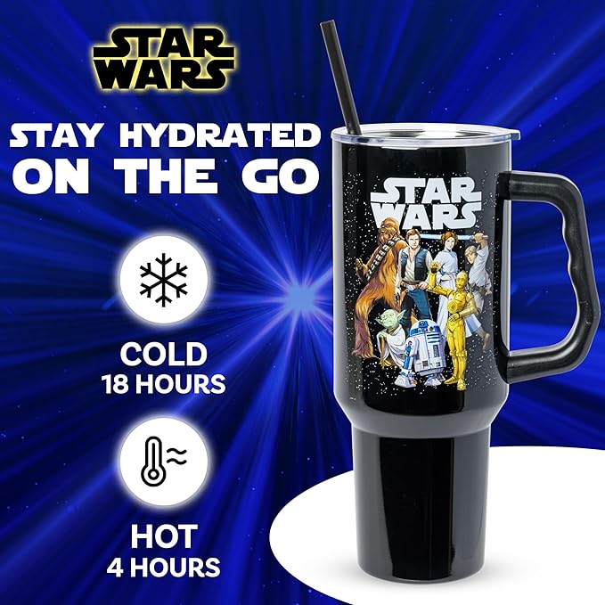 Silver Buffalo Star Wars Featuring Chewbacca, Yoda, R2-D2, C-3PO, Princess Leia, Han Solo, and Luke Skywalker Stainless Steel Tumbler with Handle and Straw, Fits in Standard Cup Holder, 40 Ounces