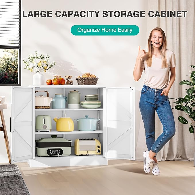 White Storage Cabinet with Doors and Adjustable Shelves,36" Farmhouse Food Pantry Cabinets,Small Sideboard Cabinet,Short Metal Storage Cabinets for Home Kitchen,Dining/Living/Laundry/Room