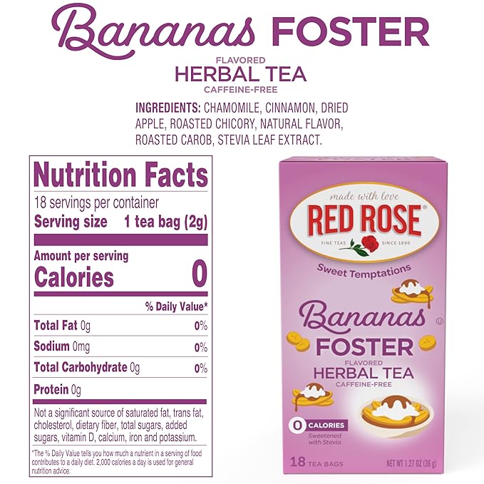 Red Rose Sweet Temptations Dessert Tea Bananas Foster, Zero Carbs, Zero Sugar Bursting with Flavor Caffeine-Free Delicious Beverage Herbal Tea, 18 Count Fruit Naturally Flavored Herbal Tea
