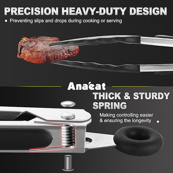 Anaeat 3 Pack 7" Mini Non-Stick Silicone Locking Tongs - Stainless Steel Kitchen Food Tong with Non-Slip Silicone Tips and Grip for Cooking, Baking and BBQ - Metal Tongs Heat Resistant up to 480°F