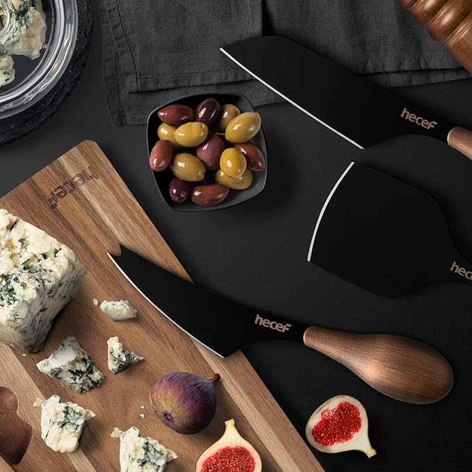 hecef Cheese Knife Set of 3, Bronze Grain Multipurpose Retro Cheese Knives, Set includes Pronged, Hard Cheese & Chisel Knife, Black