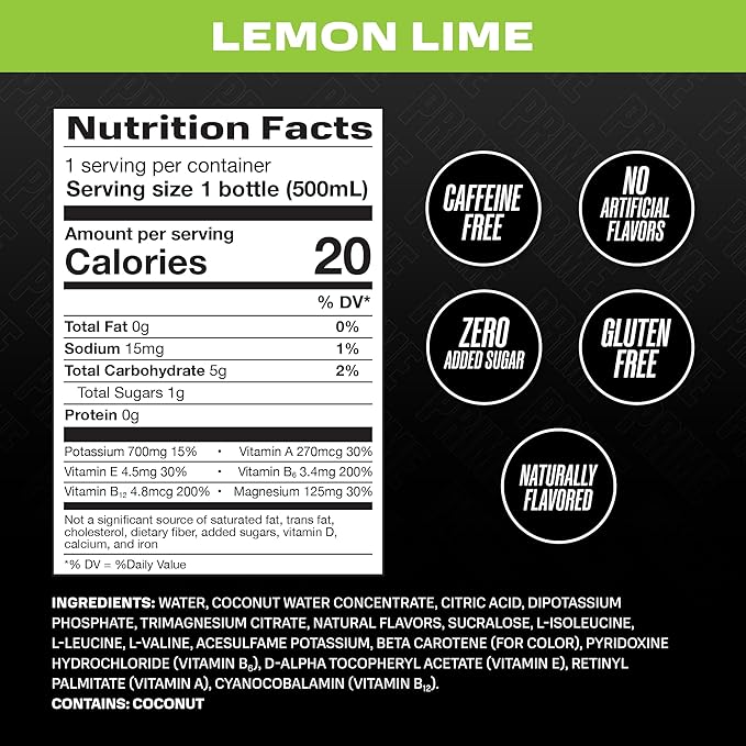 PRIME Hydration LEMON LIME, Sports Drinks, Electrolyte Enhanced for Replenishing Fluids, 250mg BCAAs, B Vitamins, Antioxidants, Low Sugar, 16.9 Fl Oz, 12 Pack