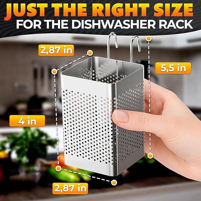 Dishwasher Chopstick Basket – 2.87" x 2.87" x 4" Stainless Steel Utensil Holder | Rust-Resistant Perforated Caddy with Hooks for Organizing Chopsticks, Straws, Teaspoons, and Small Kitchen Tools