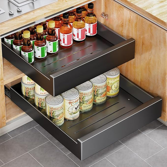 Pull Out Cabinet Organizer Fixed With Adhesive Nano Film,Heavy Duty Storage and Organization Slide Out Pantry Shelves Sliding Drawer Shelf for Kitchen,Bathroom,Living Room,11.8"W x16.9"D x 3.1"H(1PC)