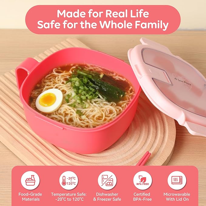 AI LOVE PEACE Microwavable Ramen Bowl with Lid - Leakproof Noodle Container with Built-In Utensils, BPA-Free, Dishwasher & Freezer Safe [Bright Pink]