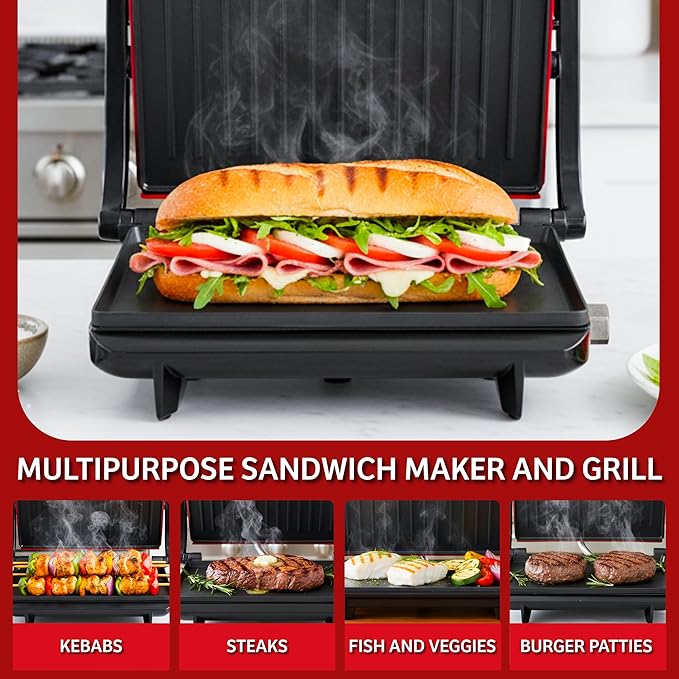 Panini Press - Sandwich Maker with Nonstick Plates - Indoor Countertop Grill for Cooking Burgers, Steak, Grilled Cheese, and More (Red)