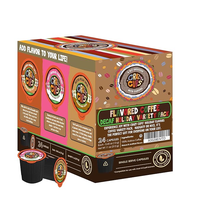 Crazy Cups Flavored Decaf Coffee Variety Pack, Hot or Iced Coffee for Keurig K Cups Machines, Decaf Variety Pack Coffee in Recyclable Pods, 24 Count (Pack of 1)