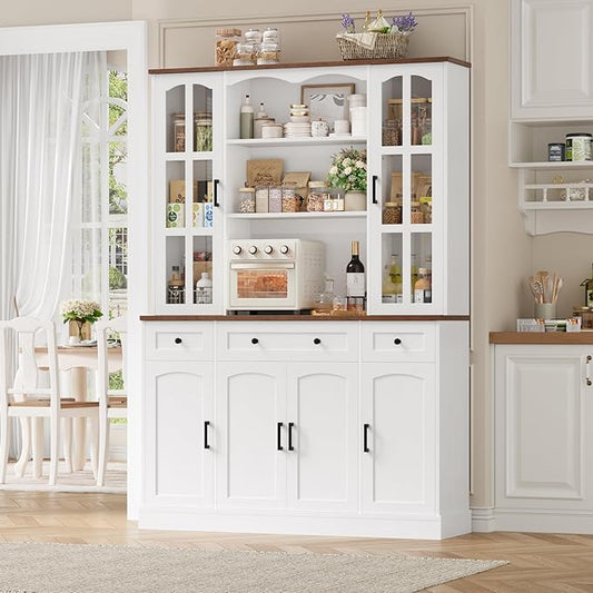 Keyluv 74.8" H Tall Pantry Cabinet with Microwave Stand and 3 Drawers, Large Kitchen Hutch Storage Cabinet with Glass Door and Adjustable Shelves for Kitchen, Dining Room, Living Room, White