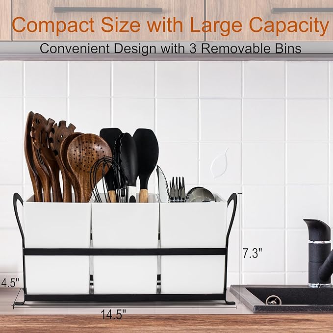 Large Utensil Caddy, Drainage Utensil Holder for Kitchen Counter, 3pcs Bins Set Cooking Utensil Organizer for Spoons, Spatulas, White