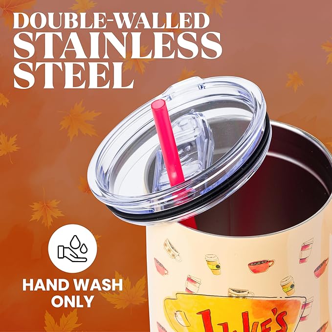 Silver Buffalo Gilmore Girls Luke's Diner Stainless Steel Tumbler with Handle and Straw, Fits in Standard Cup Holder, 40 Ounces